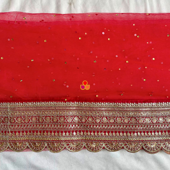 anokherang Dupattas Bridal Saanjh Red Stone Scalloped Net Dupatta
