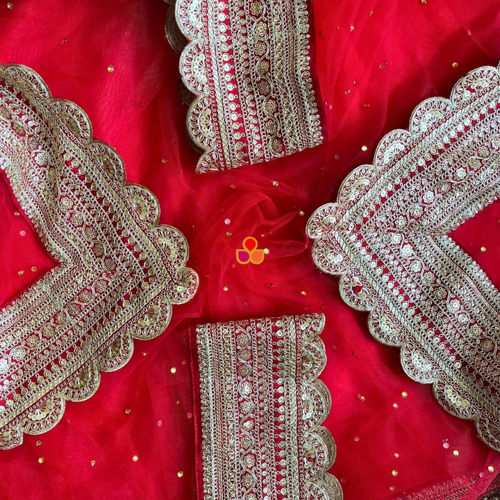 anokherang Dupattas Bridal Saanjh Red Stone Scalloped Net Dupatta