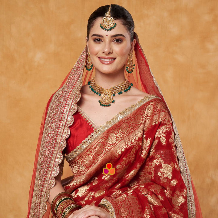 anokherang Dupattas Bridal Saanjh Red Stone Scalloped Net Dupatta