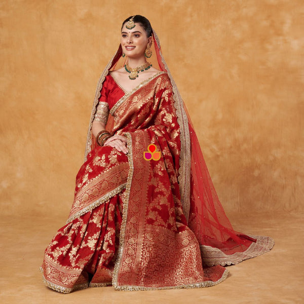 anokherang Dupattas Bridal Saanjh Red Stone Scalloped Net Dupatta