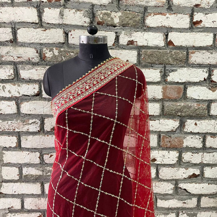 anokherang Dupattas Bridal Saaz Red Criss-cross Net Dupatta