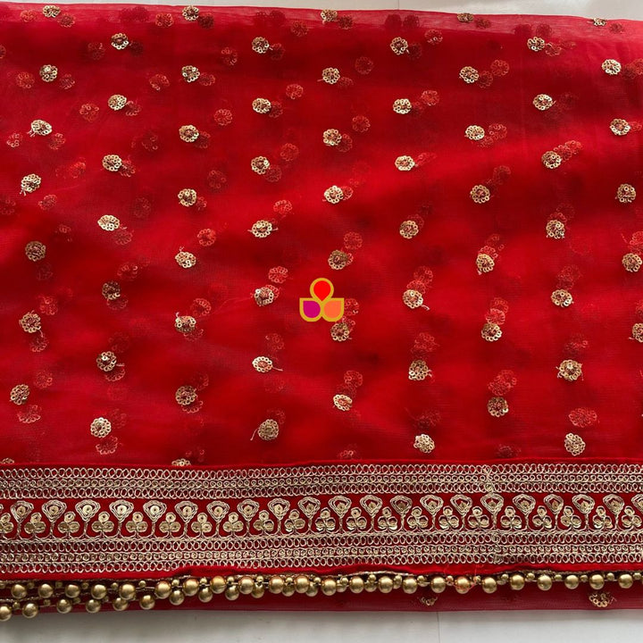 anokherang Dupattas Bridal Saaz Red Sequin Embroidered Net Dupatta