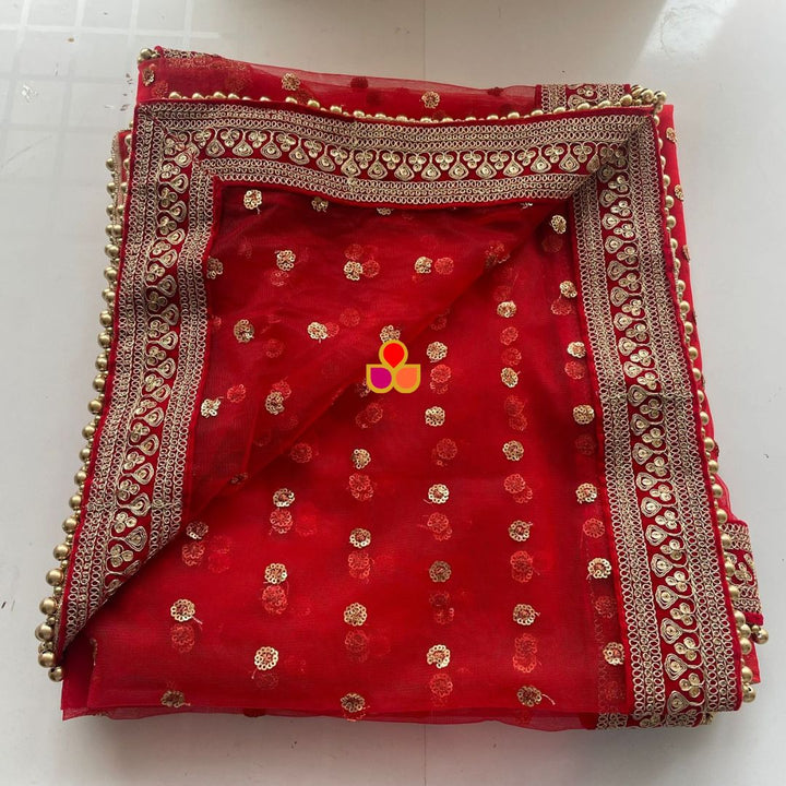 anokherang Dupattas Bridal Saaz Red Sequin Embroidered Net Dupatta