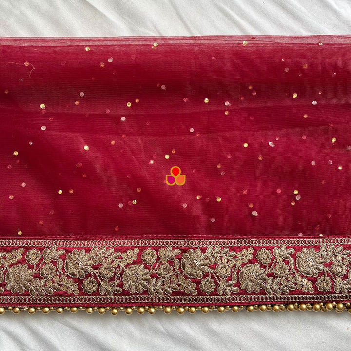 anokherang Dupattas Bridal Sahiba Maroon Stone Antique Embroidered Net Dupatta