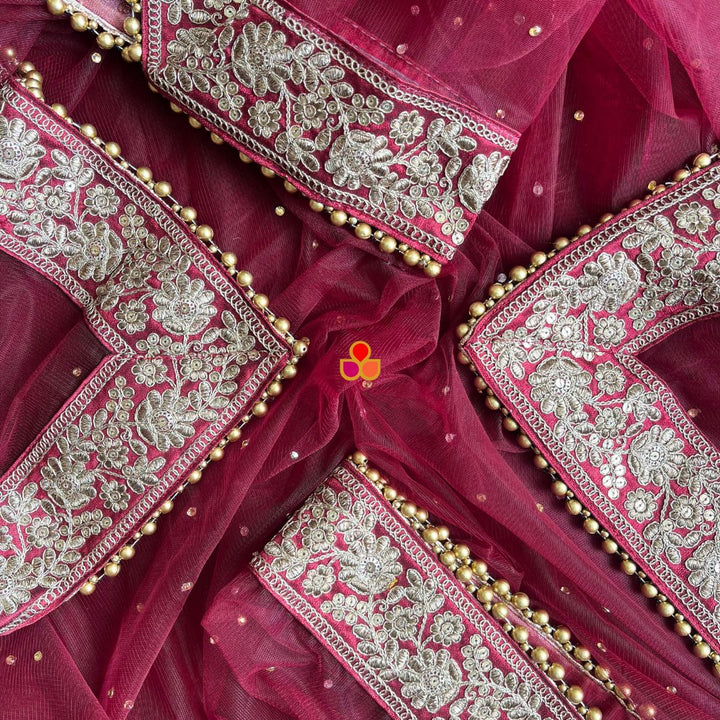 anokherang Dupattas Bridal Sahiba Maroon Stone Antique Embroidered Net Dupatta