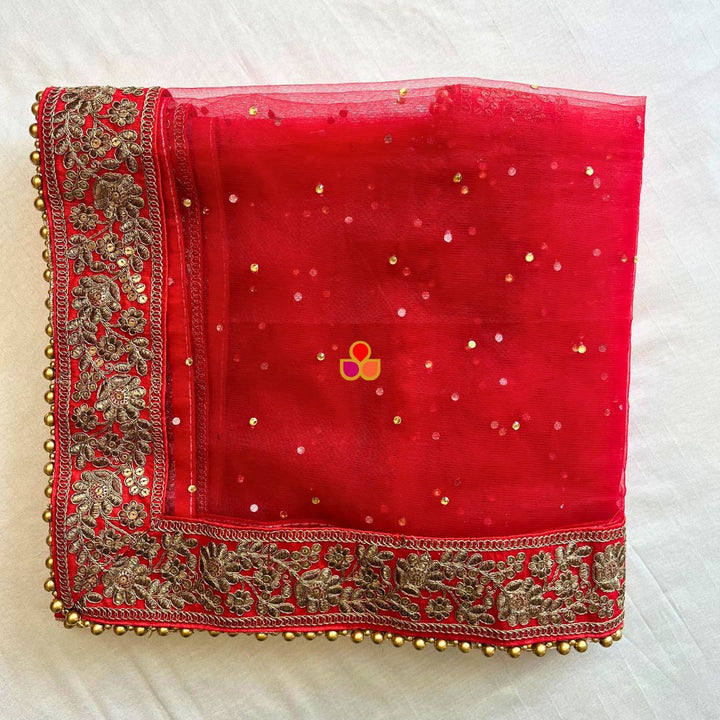 anokherang Dupattas Bridal Sahiba Red Stone Antique Embroidered Net Dupatta