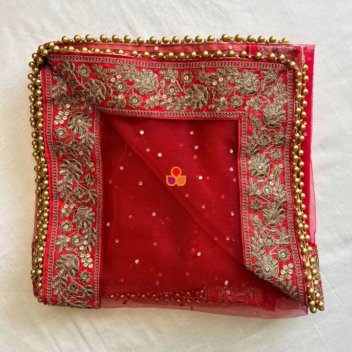 anokherang Dupattas Bridal Sahiba Red Stone Antique Embroidered Net Dupatta