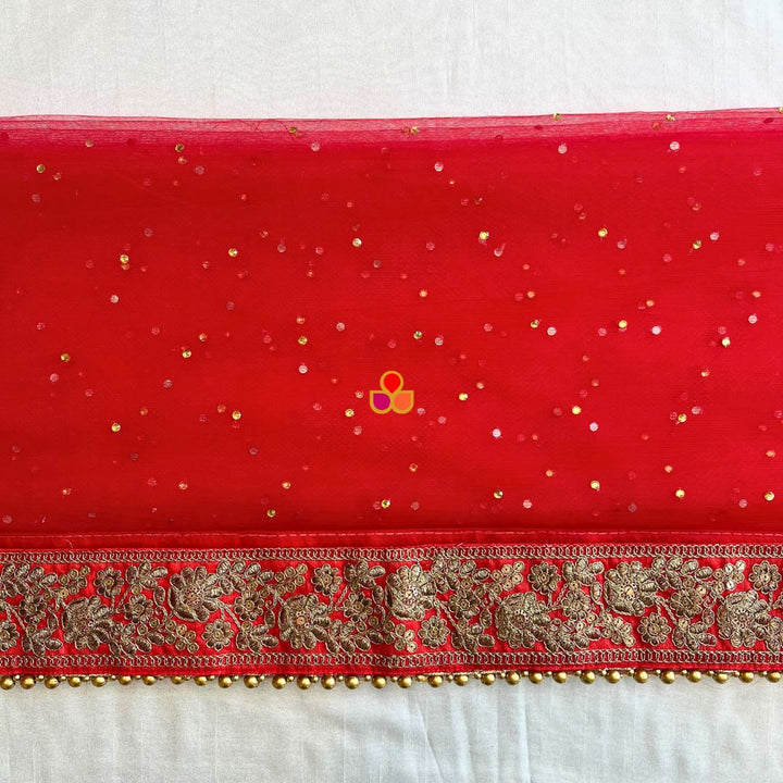 anokherang Dupattas Bridal Sahiba Red Stone Antique Embroidered Net Dupatta