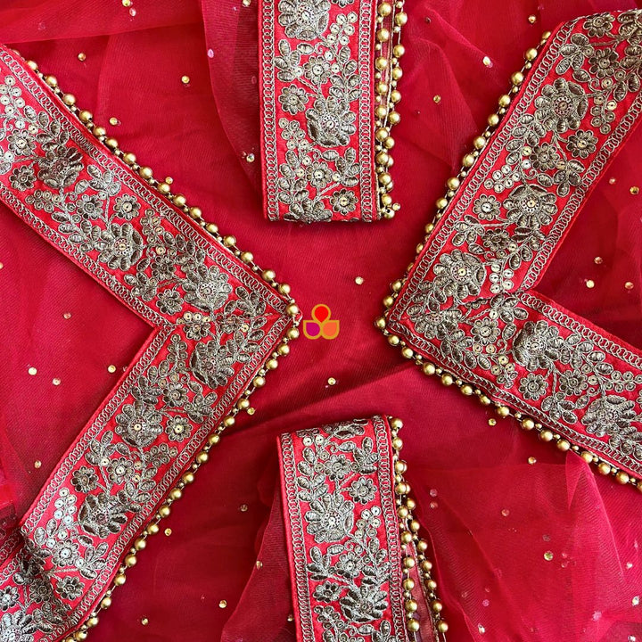 anokherang Dupattas Bridal Sahiba Red Stone Antique Embroidered Net Dupatta