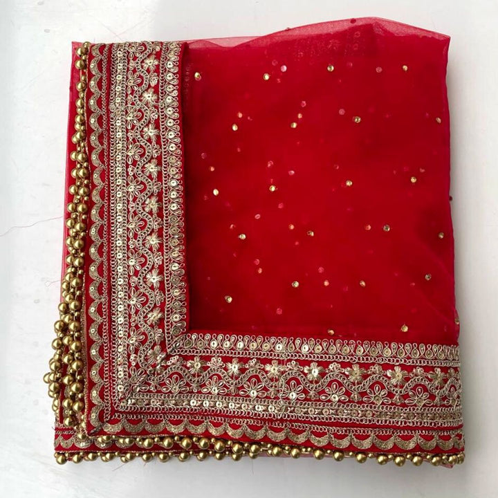 anokherang Dupattas Bridal Saira Red Sequin Embroidered Net Dupatta