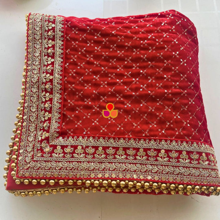 anokherang Dupattas Bridal Sama Red Embroidered Sequin Velvet Dupatta