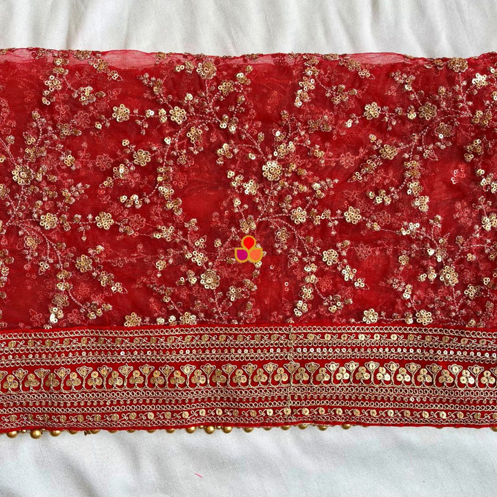 anokherang Dupattas Bridal Samaira Red Zari Embroidered Net Dupatta