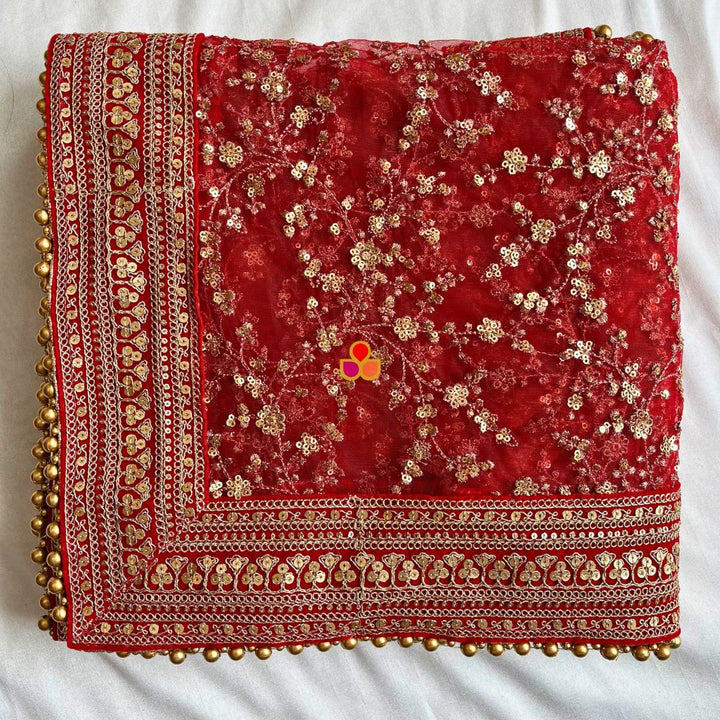 anokherang Dupattas Bridal Samaira Red Zari Embroidered Net Dupatta