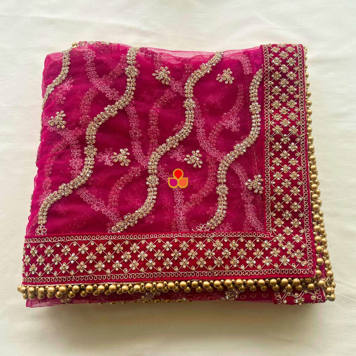 anokherang Dupattas Bridal Sangam Pink Stone Hand Embroidered Net Dupatta