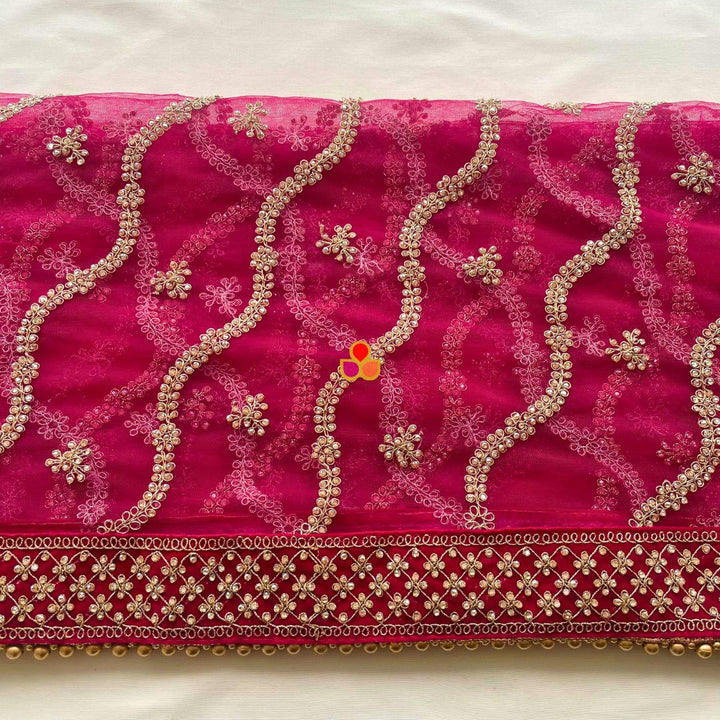 anokherang Dupattas Bridal Sangam Pink Stone Hand Embroidered Net Dupatta