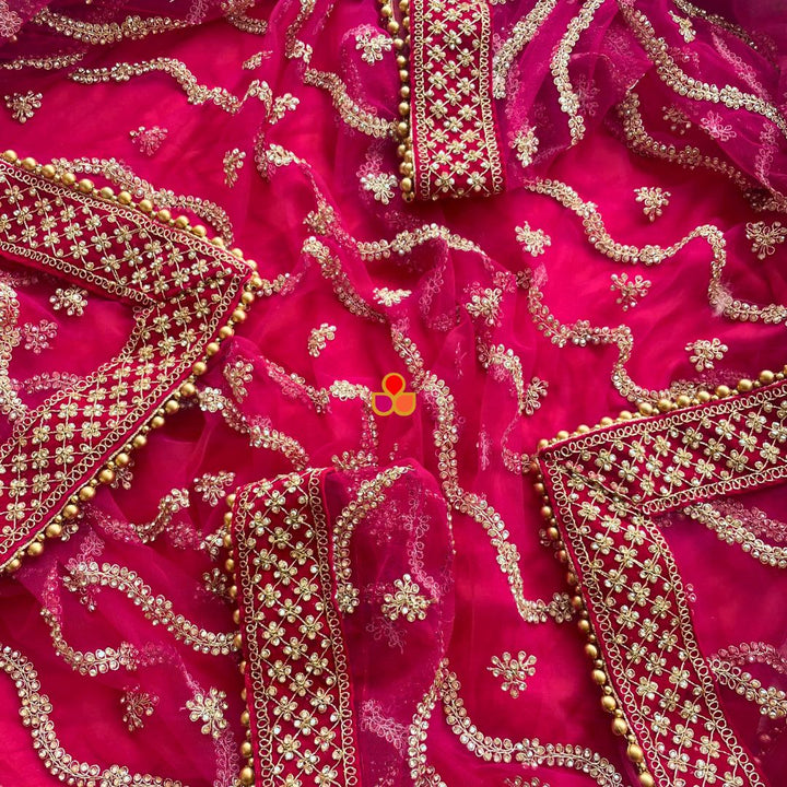 anokherang Dupattas Bridal Sangam Pink Stone Hand Embroidered Net Dupatta