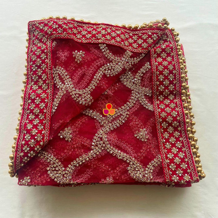 anokherang Dupattas Bridal Sangam Red Stone Hand Embroidered Net Dupatta