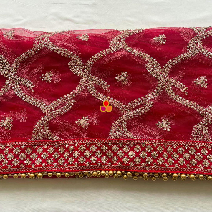 anokherang Dupattas Bridal Sangam Red Stone Hand Embroidered Net Dupatta