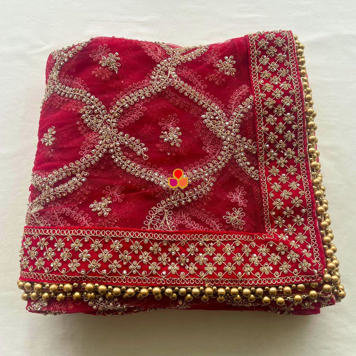 anokherang Dupattas Bridal Sangam Red Stone Hand Embroidered Net Dupatta