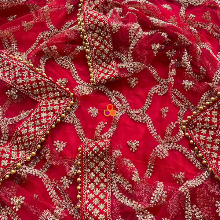 anokherang Dupattas Bridal Sangam Red Stone Hand Embroidered Net Dupatta
