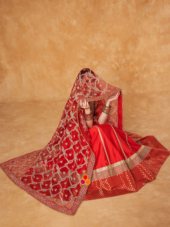 anokherang Dupattas Bridal Sangam Red Stone Hand Embroidered Net Dupatta