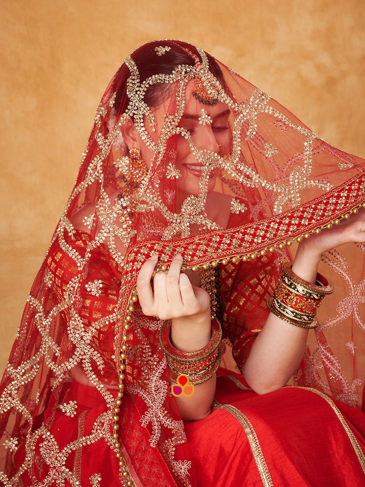 anokherang Dupattas Bridal Sangam Red Stone Hand Embroidered Net Dupatta