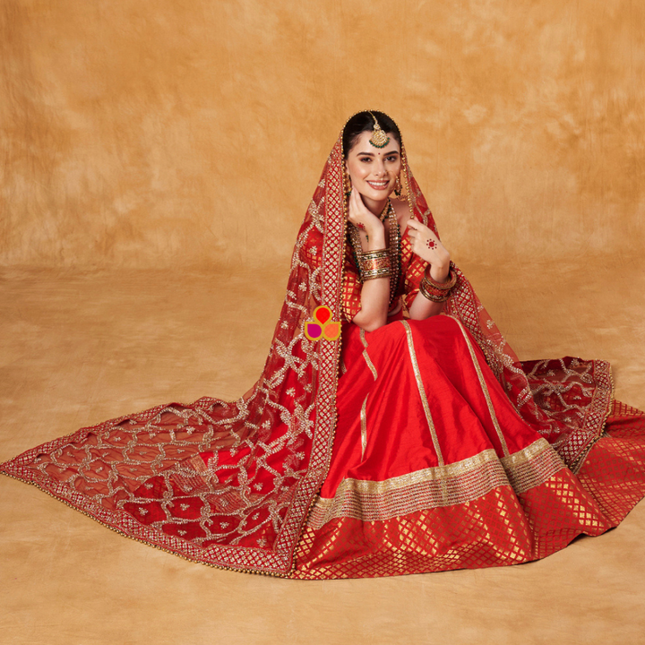 anokherang Dupattas Bridal Sangam Red Stone Hand Embroidered Net Dupatta
