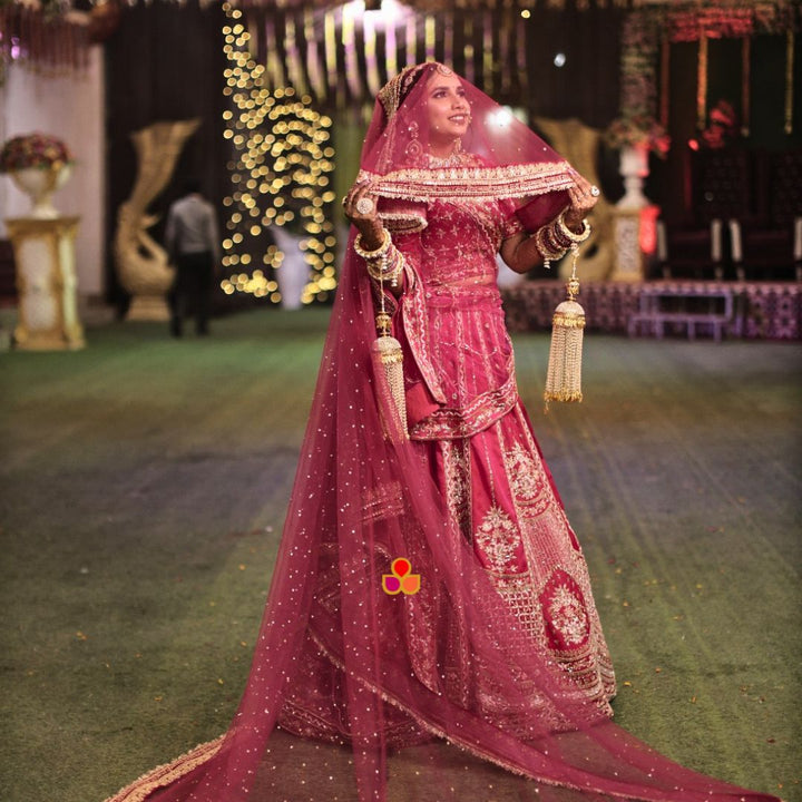 anokherang Dupattas Bridal Saubhagyavati Raspberry Pink Detachable Ghunghat Trail Net Dupatta