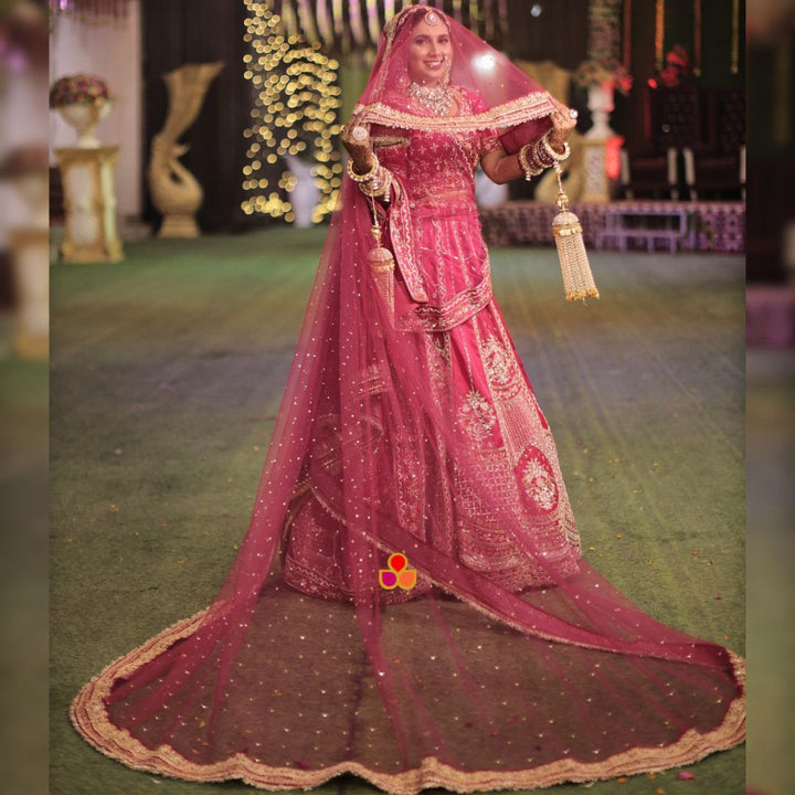 anokherang Dupattas Bridal Saubhagyavati Raspberry Pink Detachable Ghunghat Trail Net Dupatta