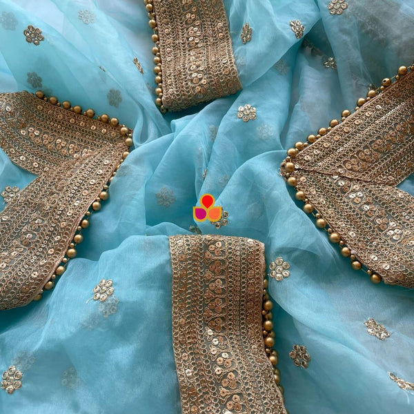 anokherang Dupattas Bridal Saugaat Blue Embroidered Beaded Organza Dupatta