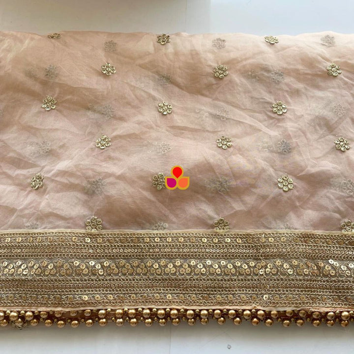 anokherang Dupattas Bridal Saugaat Ivory Embroidered Fringed Organza Dupatta