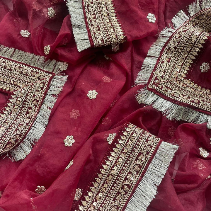 anokherang Dupattas Bridal Saugaat Maroon Embroidered Fringed Organza Dupatta