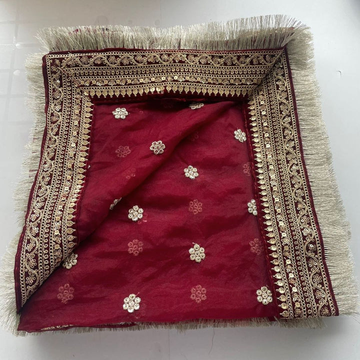 anokherang Dupattas Bridal Saugaat Maroon Embroidered Fringed Organza Dupatta