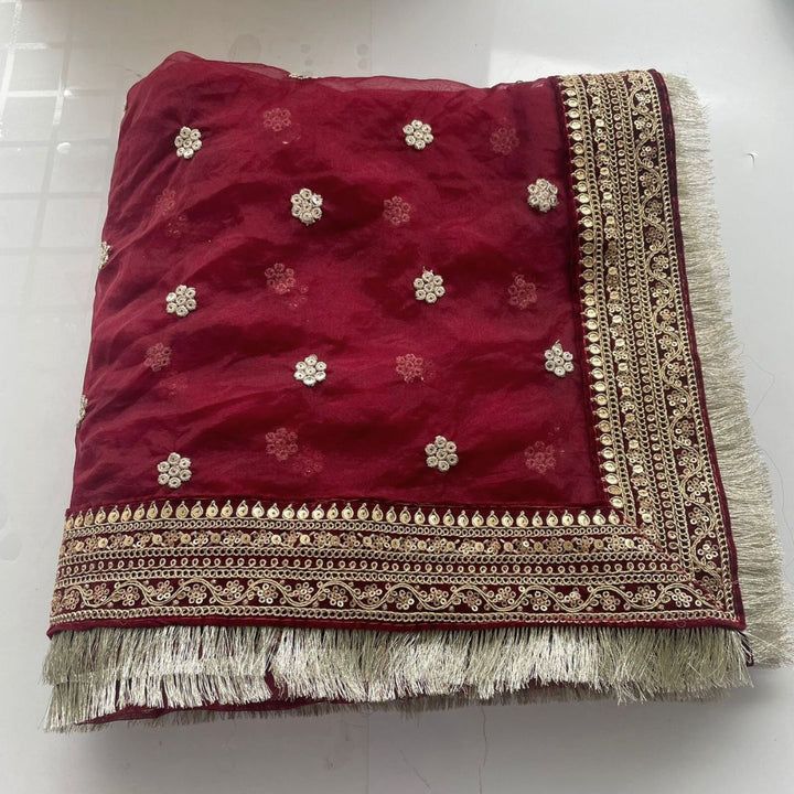 anokherang Dupattas Bridal Saugaat Maroon Embroidered Fringed Organza Dupatta