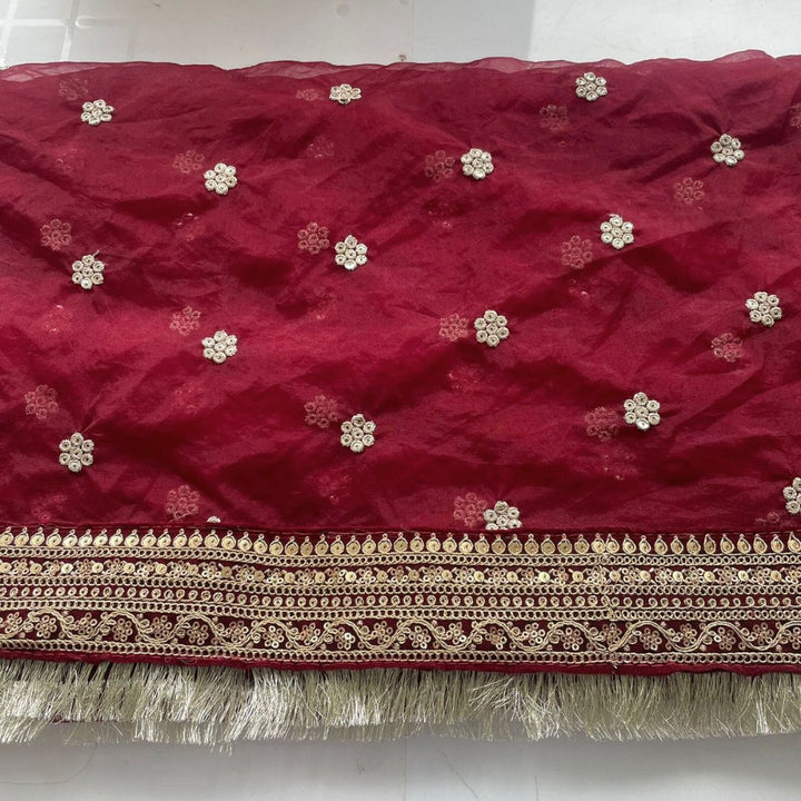 anokherang Dupattas Bridal Saugaat Maroon Embroidered Fringed Organza Dupatta
