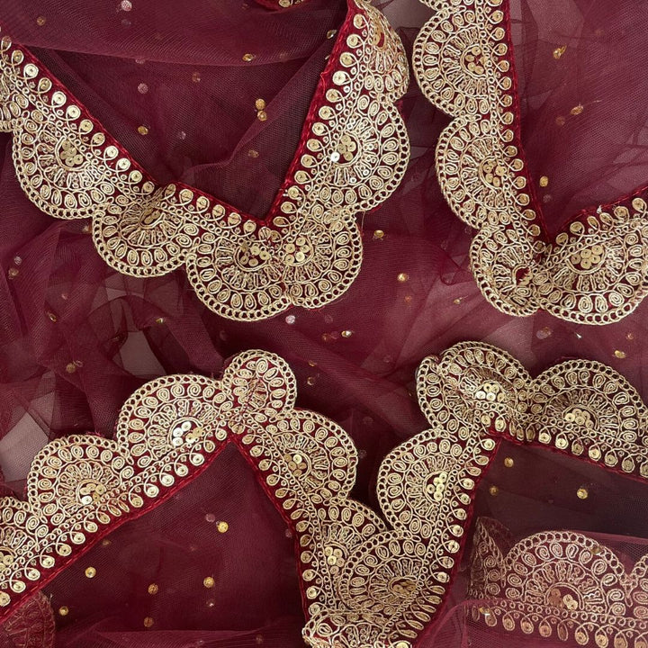 anokherang Dupattas Bridal Saugaat Maroon Stone Scalloped Net Dupatta