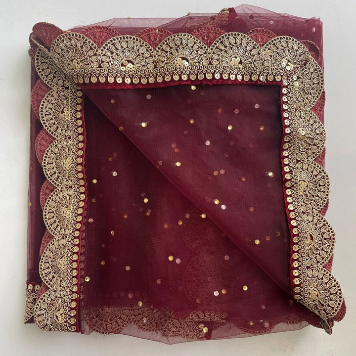 anokherang Dupattas Bridal Saugaat Maroon Stone Scalloped Net Dupatta