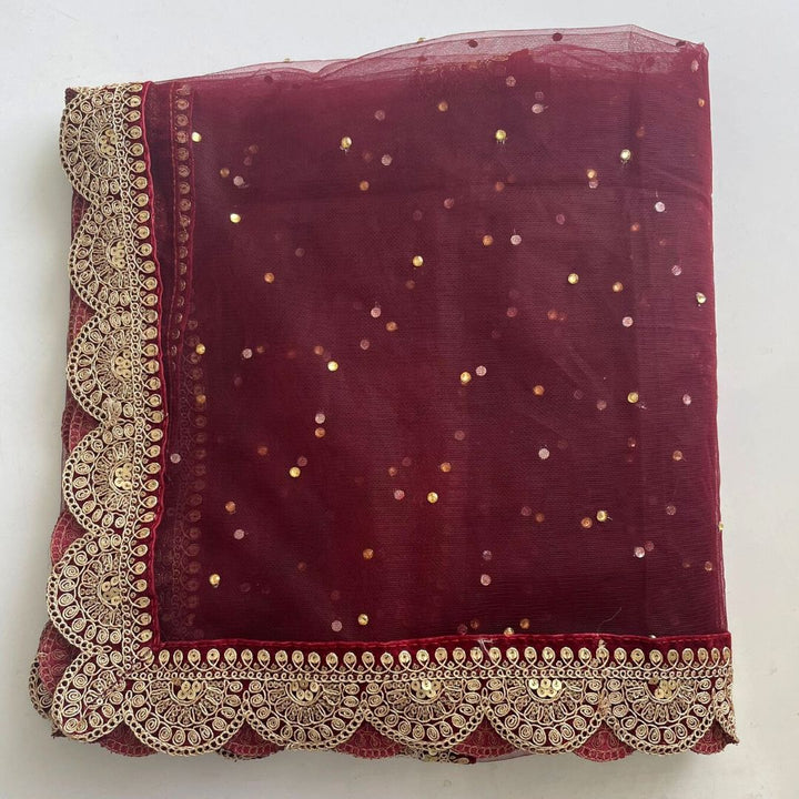 anokherang Dupattas Bridal Saugaat Maroon Stone Scalloped Net Dupatta