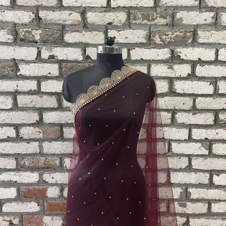 anokherang Dupattas Bridal Saugaat Maroon Stone Scalloped Net Dupatta