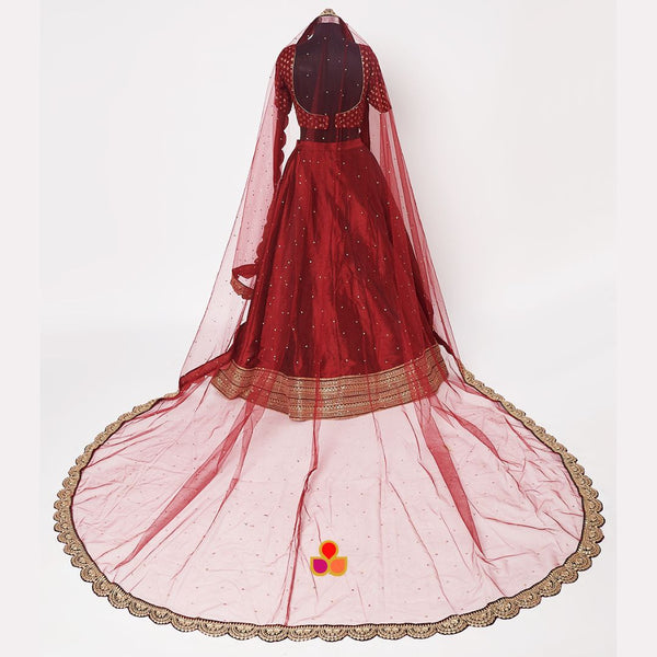 anokherang Dupattas Bridal Saugaat Maroon Trail Stone Scalloped Net Dupatta