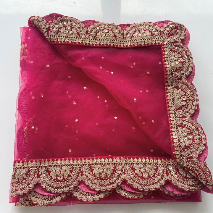 anokherang Dupattas Bridal Saugaat Pink Stone Scalloped Net Dupatta