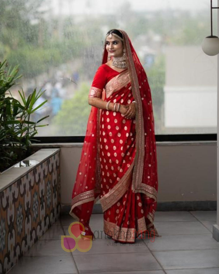 anokherang Dupattas Bridal Saugaat Red Embroidered Fringed Organza Dupatta