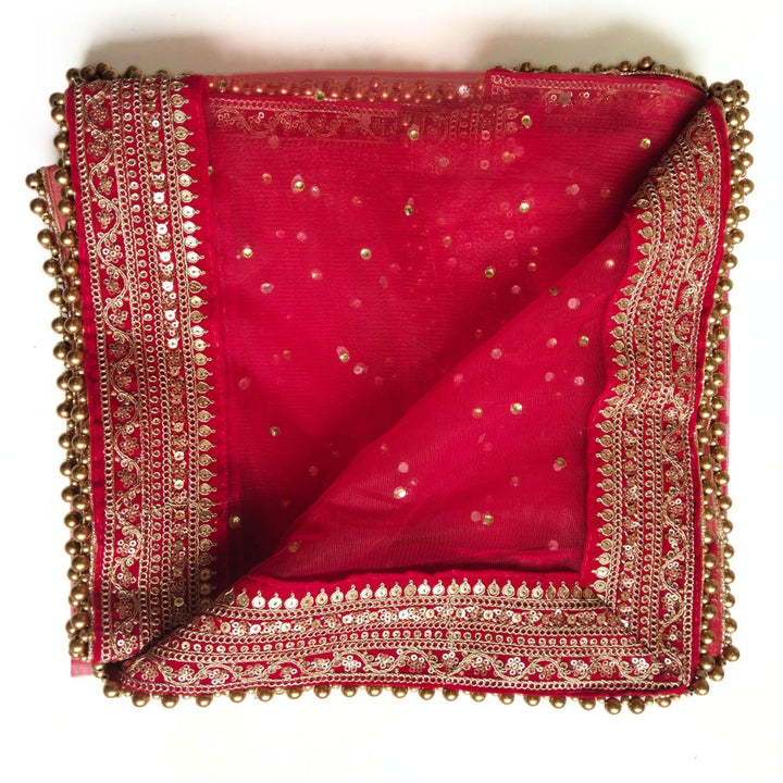 anokherang Dupattas Bridal Saugaat Red Stone Embroidered Bead Net Dupatta