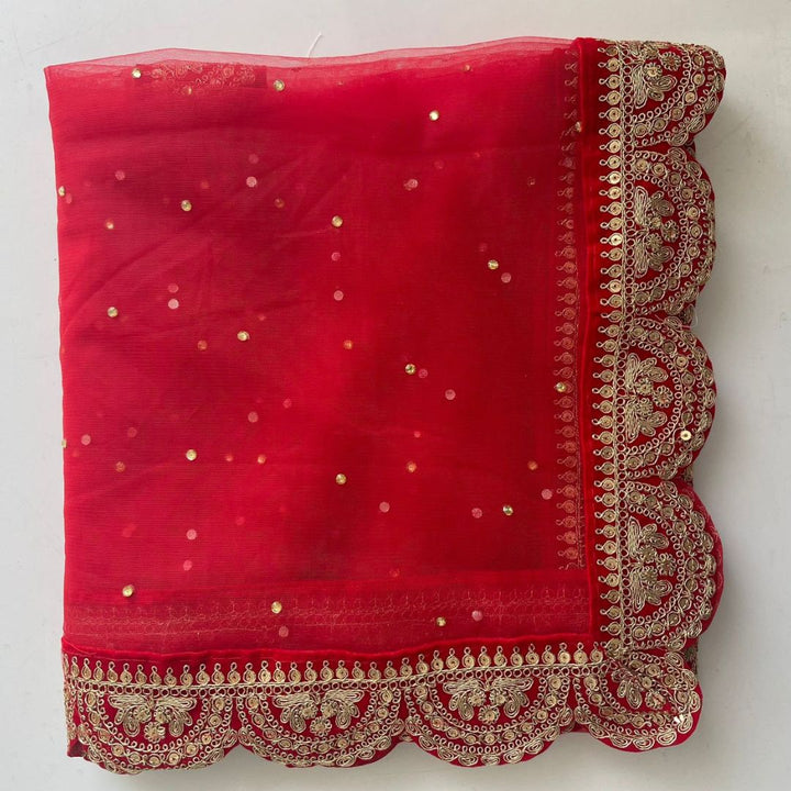 anokherang Dupattas Bridal Saugaat Red Stone Scalloped Net Dupatta