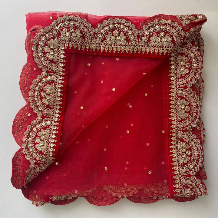 anokherang Dupattas Bridal Saugaat Red Stone Scalloped Net Dupatta