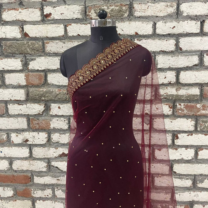 anokherang Dupattas Bridal Shagun Maroon Sequin Embroidered Net Scalloped Dupatta
