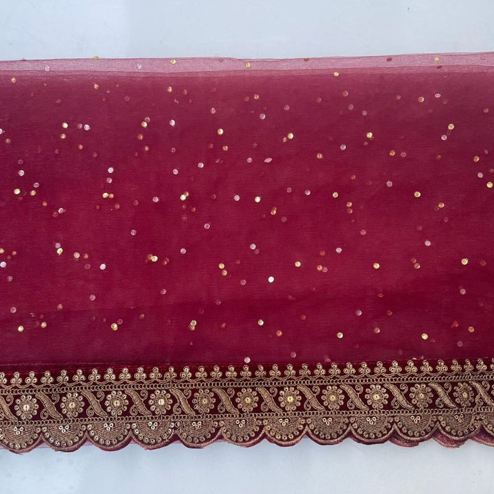 anokherang Dupattas Bridal Shagun Maroon Sequin Embroidered Net Scalloped Dupatta