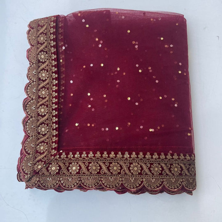 anokherang Dupattas Bridal Shagun Maroon Sequin Embroidered Net Scalloped Dupatta