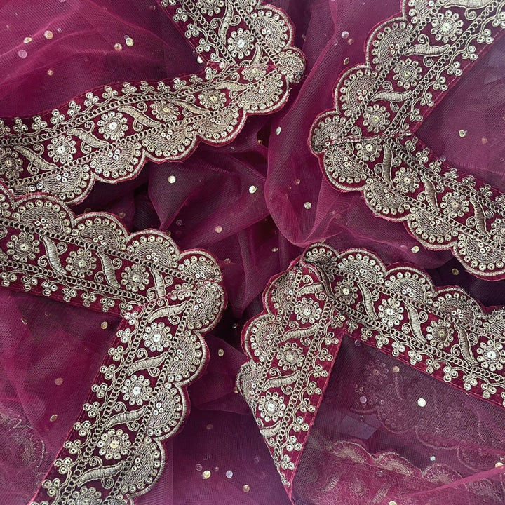 anokherang Dupattas Bridal Shagun Maroon Sequin Embroidered Net Scalloped Dupatta