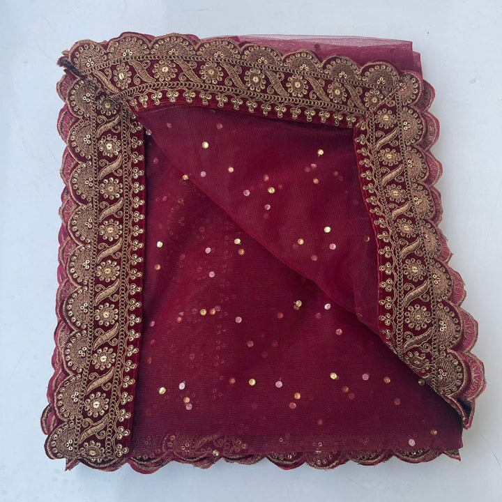 anokherang Dupattas Bridal Shagun Maroon Sequin Embroidered Net Scalloped Dupatta